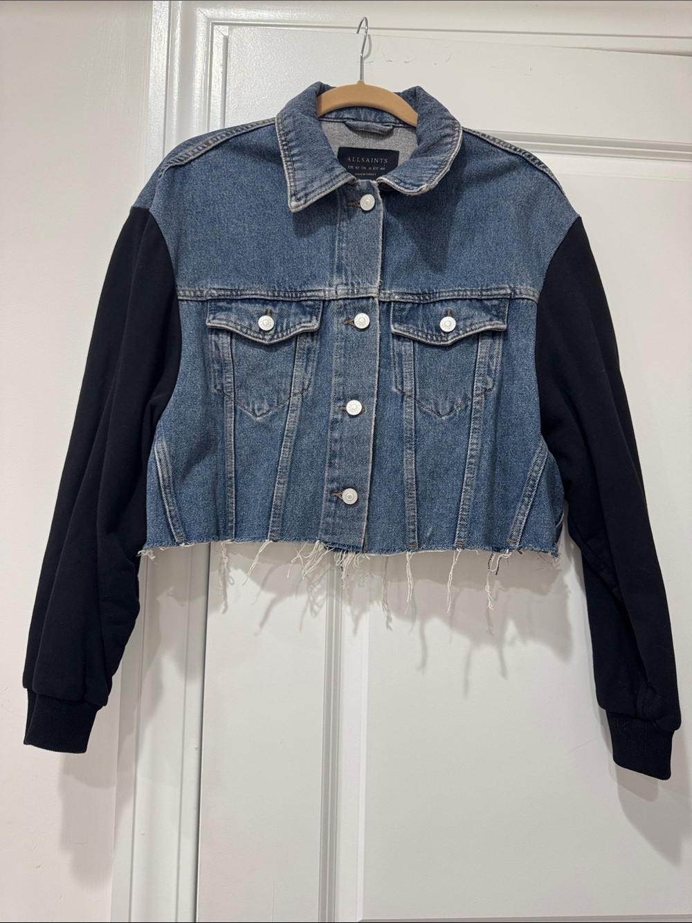 All Saints Blue Denim Crop Jacket with Black sweatshirt Doman  Sleeves- size 8